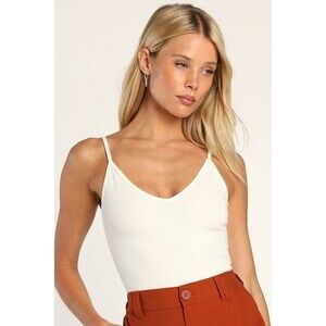 Lulus Basics Talula White Ribbed V-neck Cami Bodysuit - Size S